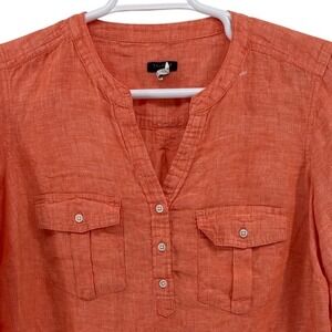 Talbots Plus 1X Coral 100% Linen Roll Tab Sleeve Popover Blouse Top Orange